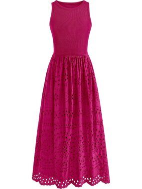Women's Dress Maxi Rose Red Crew Neck Short Sleeveles Pockets A Line Summer